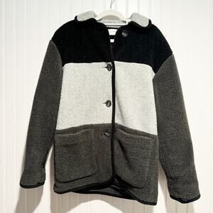 Sandro Fleece Color Block Jacket Plush Teddy Coat Black Gray Size 6